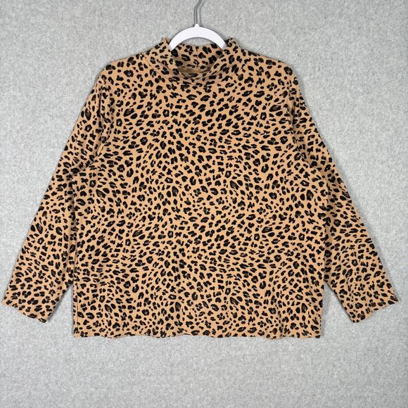 Croft Barrow Turtleneck Women 1X Tan Animal Leopard Cotton Mock Shirt Base Layer - Picture 1 of 9